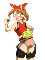 blush childish_panties destroyed_clothing embarrassed embarrassed_underwear_female euf exposed_panties imsomethingradical may_(pokemon) may_(pokemon_oras) panties pink_panties pokeball pokemon pokemon_oras print_panties underwear