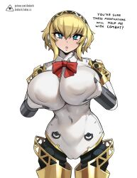 1girls aegis_(persona) aigis_(persona) alternate_breast_size atlus blonde_hair blue_eyes breasts dialogue donburikazoku english_text female gynoid hi_res huge_breasts large_breasts persona persona_3 robot robot_girl short_hair solo solo_female thick_thighs wide_hips