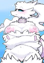 anthro big_breasts blue_eyes blue_sclera breasts cheek_tuft crossed_arms dragon facial_tuft female female_dragon female_pokemon fur furred_dragon generation_5_pokemon hair legendary_pokémon legendary_pokemon long_hair milkteafox nintendo nipples pokémon_(species) pokemon pokemon_(species) reshiram sweat tuft white_body white_fur white_hair