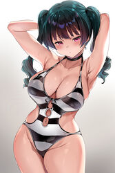 armpits blue_hair blush breasts female large_breasts love_live! love_live!_sunshine!! pigtails pink_eyes source_request swimsuit swimwear tagme tem10 tsushima_yoshiko wet wide_hips