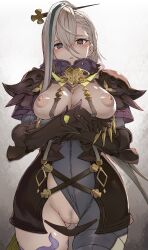 absurdres armor asymmetrical_clothes black_armor blush bodysuit bodysuit_aside breasts breasts_out cowboy_shot crossed_arms epaulettes fate/grand_order fate_(series) female female_pubic_hair gauntlets gradient_background green_hair grey_background grey_bodysuit grey_eyes hands_up high_collar highres huyan_zhuo_(fate) huyan_zhuo_(second_ascension)_(fate) large_breasts looking_at_viewer multicolored_hair nipples parted_lips pubic_hair pussy shoulder_armor single_pantsleg solo straight-on strap streaked_hair takahan thighhighs variant_set white_background white_hair