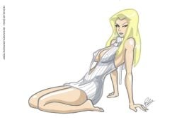 big_breasts blonde_hair blue_eyes breasts cleavage emma_frost female inspector97 marvel marvel_comics nipple_bulge nipples sweater thick_thighs virgin_killer_sweater white_queen x-men