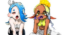 2024 big_breasts black_eyelashes black_pants blue_eyebrows blue_hair breasts dark-skinned_female dark_body dark_skin digital_media_(artwork) ear_piercing frye_(splatoon) frye_onaga headgear headwear hi_res inkling light-skinned_female light_body light_skin looking_at_viewer marine marine_humanoid medium_breasts mollusk mollusk_humanoid nintendo octoling onsen open_mouth pants pointing_at_mouth pointy_eared_humanoid pointy_ears pointy_teeth pseudo_hair purple_tongue red_eyes red_tongue sarashi shiver_(splatoon) shiver_hohojiro splatoon splatoon_(series) splatoon_3 tentacle tentacle_hair tongue tongue_out white_background white_pants yellow_clothing yellow_eyebrows yellow_eyelashes yellow_eyes yellow_hair