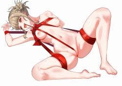 arm_behind_back bags_under_eyes blunt_bangs boku_no_hero_academia breasts breasts_apart double_bun female full_body gift_wrapping hair_bun himiko_toga knee_up light_brown_hair lying medium_breasts mouth_hold my_hero_academia naked_ribbon navel nipples nude on_back open_mouth orange_eyes pussy ribbon sidelocks simple_background slit_pupils solo toga_himiko tongue tongue_out white_background wrapped_up zd_(pixiv6210083)