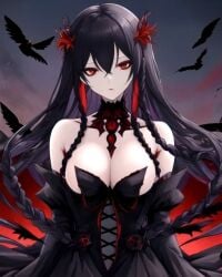 ai_generated black_hair blank_eyes crow crows demon demon_girl female female_focus female_only looking_at_viewer original_character red_eyes red_flowers red_spider_lilies