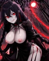 ai_generated black_hair blood_on_leg breasts breasts_out demon demon_girl evil_smile forest forest_background original_character red_eyes street_lights wicked_smile