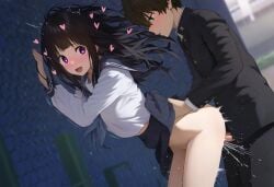 1boy 1girls against_fence ai_generated chitanda_eru doggy_style green_eyes hyouka oreki_houtarou outdoors purple_eyes school_uniform stupixi waist_grab