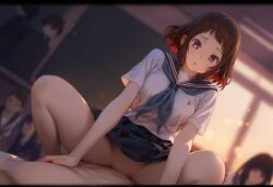 ai_generated brown_hair classroom cowgirl_position fukube_satoshi hyouka ibara_mayaka public public_sex purple_eyes school_uniform sex stupixi