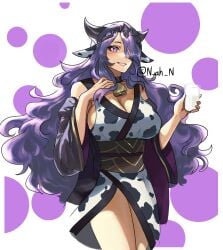 1girls alternate_costume bell bell_collar breasts camilla_(fire_emblem) collar cow_ears cow_horns cow_print cow_print_kimono cowbell cup fake_animal_ears fake_horns fire_emblem fire_emblem_fates hair_over_one_eye holding_cup japanese_clothes kimono large_breasts long_hair milf milk n_ah_n nintendo purple_eyes purple_hair sash short_kimono tiara