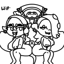 1boy 2girls 2girls1boy alternate_breast_size big_breasts big_man_(splatoon) biting_lip black_and_white buttjob deep_cut_(splatoon) double_buttjob double_hot_dogging fangs frye_(splatoon) hat hat_only hot_dogging hotdogging inkling inkling_girl legokoopa_(artist) nipples nude octoling octoling_girl penis self_upload shiver_(splatoon) smirk splatoon splatoon_(series) splatoon_3 thick_thighs tongue tongue_out visible_nipples wip work_in_progress