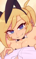 blonde_hair blue_eyes boob_squish bowtie breast_press bunny_ears bunny_suit fangs female large_breasts leaning_over long_hair looking_at_viewer lying_on_person nelly pov pov_eye_contact smirking smug woman_on_top xyroni