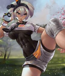 1girls abs athletic_female bea_(pokemon) big_breasts blush clothed clothing coffeebeanbrush color female female_focus female_only fighting fit_female game_freak grey_eyes grey_hair gym_clothes gym_leader hi_res large_breasts legs_up muscular muscular_female nintendo nipples_visible_through_clothing pokeball pokemon pokemon_ss pokemon_trainer short_hair solo solo_female tagme thick_thighs