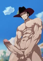 1boy abs balls beard big_balls big_penis completely_nude cowboy_hat dracule_mihawk erection green_hair hard_on huge_cock male male_focus male_nipples male_only manly muscular_male nipples nude one_piece pectorals penis precum precum_drip seasongentle shaded_face solo solo_male sweat sweatdrop sweating veins veiny_penis yellow_eyes