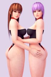 1girls 2girls 3d 3d_(artwork) 3d_model asian_female ayane_(doa) back back_view big_ass bodysuit breasts brown_eyes brown_hair dead_or_alive dead_or_alive_5 dead_or_alive_5_last_round female female_only gigantic_ass kasumi_(doa) lavender_hair leotard long_hair looking_at_viewer looking_back looking_back_at_viewer looking_down looking_pleasured loose_hair purple_hair red_eyes short_hair simple_background smile standing suit swimsuit tecmo teenage_girl teenager thesuperwarrior(artist)