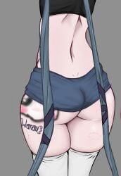 1girls 2024 ass_focus ass_tattoo behind behind_view bite_mark bite_marks black_clothing black_topwear blue_bottomwear blue_clothing blue_hair blue_tattoo blue_text boo_bro bottomwear e-sekai ecchiartistidk female female_focus female_only graduated_vtuber grey_background grey_socks idol-en idol_corp light-skinned_female light_skin long_hair simple_background socks solo tattoo tattoo_on_butt text text_tattoo thick_ass thick_thighs topwear virtual_youtuber vtuber yuko_yurei