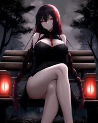 ai_generated black_hair demon demon_girl female fog foggy forest forest_background legs_tied original_character paper_lantern red_eyes sitting sitting_down