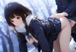 ai_generated bottomless bottomless_female chitanda_eru doggy_style hyouka no_panties oreki_houtarou purple_eyes scarf stupixi winter winter_clothes