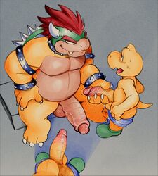 2020 3boys anthro anthro_on_anthro balls big_penis bodily_fluids bowser claws clothing collar daftpatriot digital_media_(artwork) erection gay genitals glans green_koopa_troopa group hair half-closed_eyes handjob hi_res horn humanoid_genitalia humanoid_penis koopa koopa_troopa larger_male male male/male male_only mario_(series) muscular muscular_male narrowed_eyes nintendo nude open_mouth penile penis red_hair reptile scalie sex simple_background size_difference smaller_male smile spikes sweat uncut underwear vein veiny_penis video_games