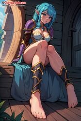 ai_generated aqua_eyes aqua_hair armor barefoot blush elf elf_ears elf_female feet female foot_focus gamarjobson legs sitting toes