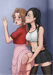 2020 2girls abs aerith_gainsborough ass black_hair blush blushing breasts brown_hair clothing dress final_fantasy final_fantasy_vii final_fantasy_vii_remake fingering lepsa long_hair masturbating_other masturbation multiple_girls nipple_bulge panties pussy pussy_juice skirt small_panties spank_marks spanking sports_bra square_enix stockings tifa_lockhart whentai white_skin yuri