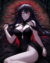 ai_generated black_dress black_hair closed_eyes demon demon_girl female female_focus female_only laying laying_down laying_on_back laying_on_ground original_character red_flowers red_spider_lilies