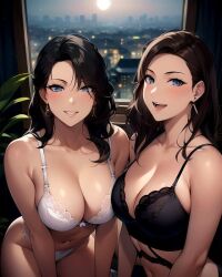 2girls ai_generated ai_mirror belly_button big_breasts black_hair black_lingerie blue_eyes blush brown_hair earrings lingerie long_hair looking_at_viewer medium_breasts mischievous_look mischievous_smile on_knees open_mouth plant smile underwear white_skin white_underwear window