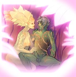 1boy 1girls barelynsfw_(artist) guild_wars guild_wars_2 handjob incest mother mother_and_son pale_tree sex son sylvari teasing trahearne