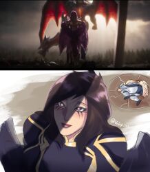 1boy 2girls aatrox angel angel_wings darkin dragon goth goth_girl heart-shaped_pupils heart_eyes kayle league_of_legends looking_up morgana purple_hair riot_games size_difference sword yamcha_death_pose