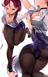 alternate_hairstyle bent_over bra breasts cleavage collar female high_heels large_breasts love_live! love_live!_sunshine!! panties_under_pantyhose pantyhose red_hair sakurauchi_riko short_skirt source_request tagme tem10 wide_hips yellow_eyes