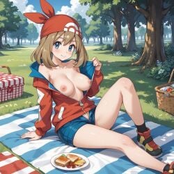 ai_generated may_(pokemon) medium_breasts picnic pointy_chin pokemon shoes socks unzipped_jacket