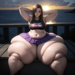 1girls ai_generated bbw bottom_heavy brown_hair chubby chubby_female fat_knees fat_thighs female female_only hands_behind_head huge_ass huge_thighs hyper_ass navel sitting skirt stable_diffusion sunset thick_thighs thighs thunder_thighs