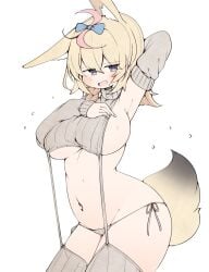 armpit ass_visible_through_thighs blush curvy hololive hololive_gen_5 hololive_japan huge_ass huge_breasts kuma_no_bansoukou omaru_polka one_arm_behind_back one_arm_up round_breasts sideboob thick_thighs uncomfortable underboob virgin_destroyer_sweater virtual_youtuber wide_hips