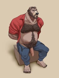 anthro balls barefoot beard belly biped body_hair bondage bottomwear bound chest_hair clothing domination erection facial_hair fur genitals glans hair hairy hairy_balls hands_behind_back happy_trail hi_res humanoid_genitalia humanoid_penis male male_only mammal mature_male moustache musclegut muscular muscular_male nipples open_pants overweight pants penis pink_glans pink_penis pubes qwerty-0 solo ursid