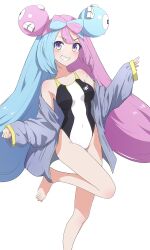 1girls blue_hair bow-shaped_hair breasts camui1104 character_hair_ornament grey_jacket hair_ornament iono_(pokemon) jacket looking_at_viewer medium_breasts multicolored_hair na-suke na_suke1104 nintendo one-piece_swimsuit open_jacket pink_hair pokemon pokemon_sv purple_eyes swimsuit twintails white_one-piece_swimsuit white_swimsuit