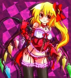 1girls blonde_hair breasts collar corset dominatrix elbow_gloves embodiment_of_scarlet_devil flandre_scarlet garter_straps gin_(shioyude) gloves hairbow holding_whip looking_at_viewer medium_breasts panties ponytail red_corset red_eyes red_panties side-tie_panties side_ponytail thighhighs touhou whip wings wrist_cuffs