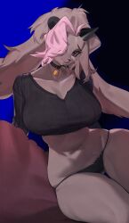 1girls big_breasts big_ears bovid brown_eyes brown_fur brown_hair caprine choker female female_only floppy_ears fur furry goat hair_over_one_eye hi_res hip_squish horizontal_pupils horns lip_piercing looking_at_viewer mammal noona_(noona_plz) purple_highlights solo thick_thighs thong wide_hips woobin94