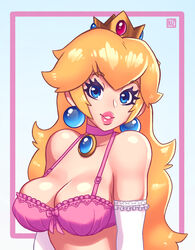 1girls big_breasts blonde_hair blue_eyes bra breasts choker cleavage clothing crown earrings elbow_gloves female female_focus female_only gloves human human_only jewelry long_hair looking_at_viewer mario_(series) mature_female necklace nintendo pink_bra princess_peach rizdraws shiny shiny_hair shiny_skin simple_background solo solo_female solo_focus source_request very_long_hair year_request