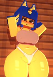 3d_(artwork) animal_crossing ankha ankha_(animal_crossing) anthro ass big_breasts black_eyes blue_hair blush breasts canid cat_girl catgirl collar coresvoid curvy curvy_body curvy_female curvy_figure digital_media_(artwork) domestic_cat felid feline felis female fur genitals hair hi_res horny_female huge_breasts makeup mammal microsoft mine-imator minecraft mojang nintendo nude nude_female pussy simple_background solo steve_(minecraft) tail tank_top thick_thighs thighs white_panties xbox_game_studios yellow_body