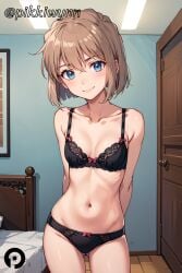 1girls ai_generated ai_haibara arms_behind_back ass_visible_through_thighs bangs bare_shoulders bed black_bra black_panties blue_eyes blush bow bow_bra bow_panties bra breasts brown_hair closed_mouth collarbone cowboy_shot detective_conan female hair_between_eyes human indoors looking_at_viewer navel pale-skinned_female pale_skin panties pikkiwynn short_hair small_breasts smile solo standing stomach underwear underwear_only