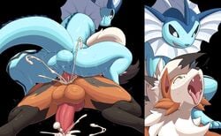 2boys anal anal_sex balls blue_body blush bodily_fluids canid canine cum cum_in_ass cum_inside cum_splatter duo dusk_lycanroc eeveelution ejaculation erection fangs feral frill_(anatomy) from_behind_position fur furry gay genital_fluids girly green_eyes hands-free interspecies jockey_position knot lycanroc lying male male_only male_penetrated male_penetrating male_penetrating_male mammal membrane_(anatomy) membranous_frill multicolored_body nintendo open_mouth orange_body original_character pata penetration penis pokémon_(species) pokemon pokemon_(species) pokemon_rgby pokemon_usm quadruped sex simple_background tongue vaporeon video_games yaoi