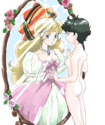 1girls 2008 ass black_hair blonde_hair blue_eyes breasts dual_persona female mirror nude princess_knight princess_sapphire short_hair solo tomboy yamatogawa_yoshino