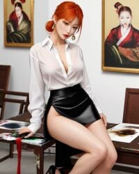 ai_generated art_room art_teacher asian_female earrings ginger_hair hair_tied hair_tied_back original_character paintings tight_skirt unbuttoned_shirt