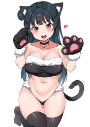 bell_collar blue_hair breasts cat_ears cleavage cosplay female hair_bun heart large_breasts leg_up love_live! love_live!_sunshine!! mouth_open paws pink_eyes source_request tem10 thighhighs tsushima_yoshiko underwear