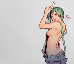 1girls 2017 armpits arms_up ass back breasts butt_crack female female_only foo_fighters green_eyes green_hair grey_background gun heart highres jojo's_bizarre_adventure looking_at_viewer looking_back matching_hair/eyes medium_breasts muk_(monsieur) naked_overalls overalls parted_lips short_hair sideboob simple_background solo speech_bubble stand_(jjba) stone_ocean suspenders teeth text weapon