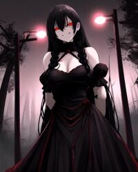 ai_generated black_hair demon demon_girl female fog foggy foggy_background forest forest_background hand_behind_back original_character red_eyes street_lights wicked_smile