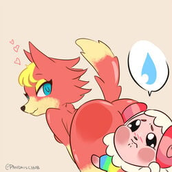 1girls 2020 animal_crossing ass ass_focus audie_(animal_crossing) bent_over blue_eyes dat_ass dom_(animal_crossing) facesitting female furry heart male nintendo nude pandaischub smile straight wolf wolf_girl