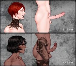 2futas balls big_penis black_hair chart circumcised circumcision_scar dark-skinned_futanari dark_skin erection frenulum_attached futa_only futanari huge_cock human light-skinned_futanari light_skin measurements nude penis penis_comparison penis_size_chart penis_size_comparison penis_size_difference red_hair satanicfruitcake short_hair solo_focus standing text uncensored vampire