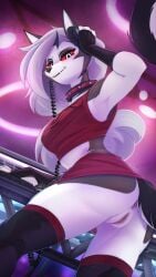 animal_ears animal_nose anthro anus arm_up armpits artist_name ass black_thighhighs breasts canid canid_demon canine collar colored_sclera demon female from_below furry furry_female grey_hair headphones hellhound helluva_boss highres long_hair looking_at_viewer loona_(helluva_boss) mythological_canine mythological_creature mythology pussy red_sclera scappo snout solo tail thighhighs white_eyes wolf_ears wolf_girl wolf_tail