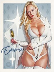 ai_assisted ai_generated big_breasts blonde_hair blue_eyes breasts cameltoe champagne champagne_glass cleavage curvy curvy_female digital_drawing_(artwork) emma_frost female glass guerillustratorart hourglass_figure large_breasts marvel marvel_comics pinup thighhighs white_queen x-men