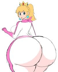 1girls ass_focus big_butt bodysuit bubble_butt clothing crown dat_ass female female_focus female_only huge_ass huge_butt looking_at_viewer looking_back mario_(series) mario_kart momiji_(artist) princess_peach racing_suit solo standing tagme thick_thighs